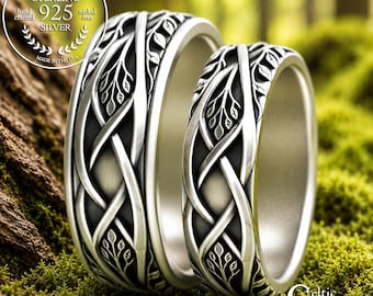 Matching Forest Wedding Ring Set, Sterling Celtic Tree of Life Rings, Bride Groom Nature Rings, Elven His Her Wedding Bands, 2130 2131