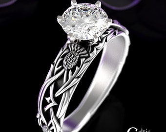 Moissanite Royal Thistle Engagement Ring, Sterling Silver Irish Thistle Proposal Ring, Gemstone Guardian Flower Solitaire Ring, 3063