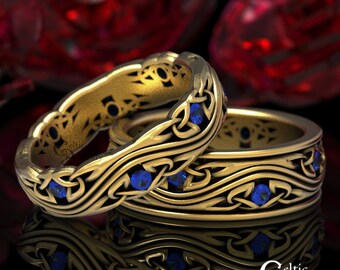Matching Gold Wedding Ring Set, Sapphire Gold Wedding Bands, Platinum Wedding Ring, His + Her Wedding Rings, Gold Wedding Band, 1463 1462