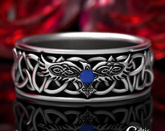 Mens Sterling Celtic Raven Ring, Silver Mens Norse Viking Corvid Ring, Mens Crow Wedding Band, Mens Sapphire Raven Handfasting Ring, 1696