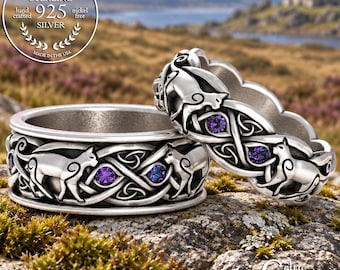 Matching Alexandrite Cat Rings, Sterling Silver Kitty Wedding Band Set, Celtic Cat Lover Rings, Irish Kitten Wedding Jewelry, 3097 3099