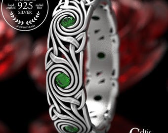 925 Celtic Knot Ring, Swirl Emerald Wedding Band, Celtic Trinity Triskele Emerald Wedding Ring, Spiral Sterling Celtic Wedding Ring 1289