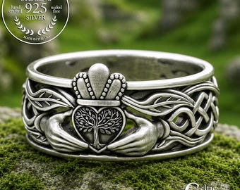 Sterling Men's Tree Claddagh Ring, Celtic Forest Wedding Band, Silver Irish Groom Ring, Woven Leaves Jewelry, Heart Crown Handfasting, 2040