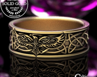 Gold Celtic Raven Ring, Raven Wedding Band, Mens Wedding Band, 10K Raven Ring, Mens 10K Viking Ring, 14K Gold Raven Wedding Band, 1161