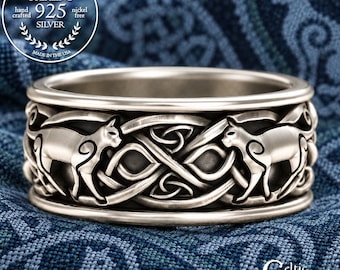 Mens Sterling Silver Irish Cat, Swirl Cat Wedding Band, Celtic Ring, Cat Lover Ring, Scottish Knotwork Ring, Kitty Ring, Feline Ring, 3098