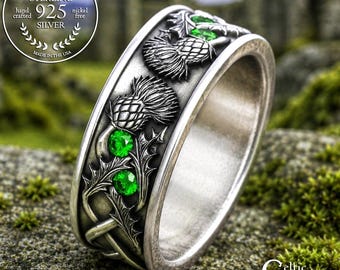 Celtic Emerald Men's Ring, Sterling Irish Thistle Wedding Band - Comfort Fit, 7.3mm, Handcrafted, 2129