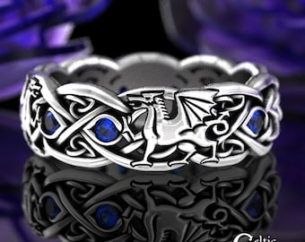 Sterling Double Dragon Ring with Sapphire, Sapphire Dragon Ring, Sterling Dragon Ring, Celtic Dragon Wedding Ring, Two Dragon Ring, 3016