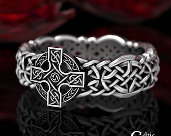 Sterling Woven Cross Ring, Silver Irish Cross Ring, Sterling Silver Cross Wedding Band, Men Silver Cross Ring, Cross Knotwork Ring, 1860