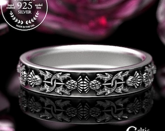 Sterling Silver Thistle Wedding Ring, Women's Highland Bloom Handfasting Ring, Ladys Scottish Silver Thorned Blossom Sacred Union Band, 1771
