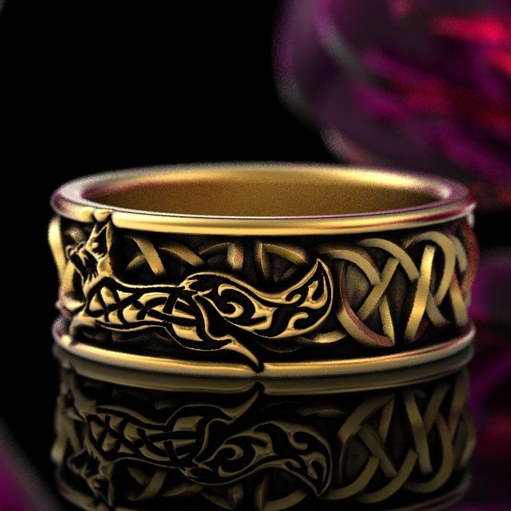 Celtic Fox Ring In Gold Fox Wedding Knot Ring Mens Fox Wedding Band 