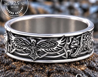 3 Viking Animal Ring, Sterling Raven Bear Wolf Wedding Band, Viking Spirit Animal Ring, Men Viking Wedding Band, Silver Men Raven Ring, 4161