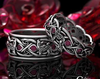 Matching Wolf Wedding Rings, Ruby & Sterling Silver Celtic Rings, His Hers Wolf Rings, Matching Silver Rings, Celtic Wedding Set, 1267 1269