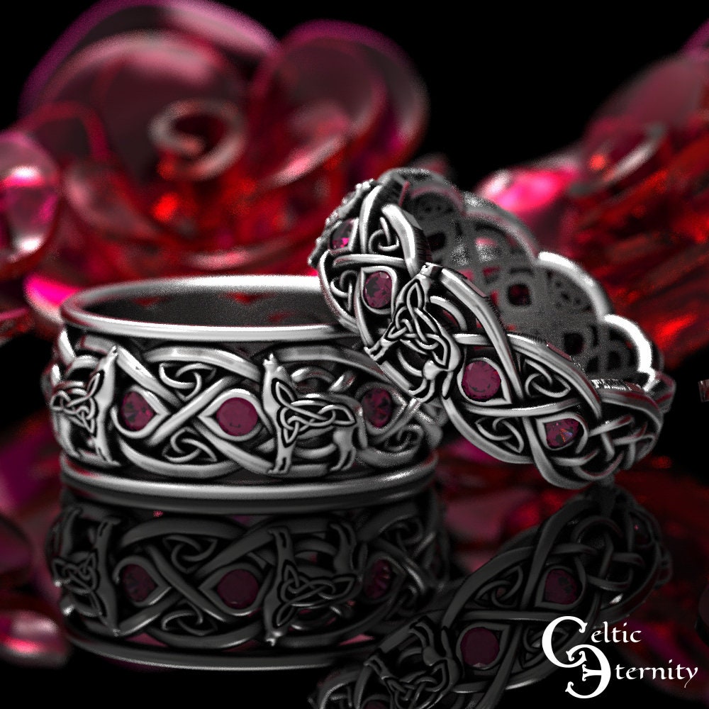 Matching Wolf Wedding Rings Ruby Sterling Silver Celtic Rings His Hers Wolf Rings Matching Silver Rings Celtic Wedding Set 1267 1269