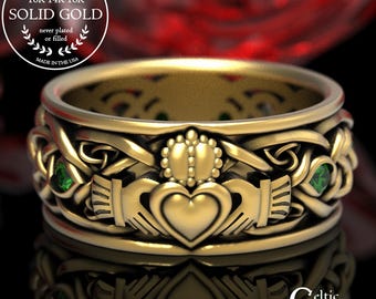 Gold Claddagh Ring with Emeralds, Modern Claddagh Wedding Ring, Celtic Gold Wedding Band, Irish Love Ring, Mens Claddagh Ring, 1688
