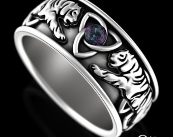 Alexandrite Mens Tiger Ring, Sterling Tiger Wedding Ring, Tiger Jewelry, Silver Safari Jewelry, Tiger Spirit Animal, King of Jungle, 3119