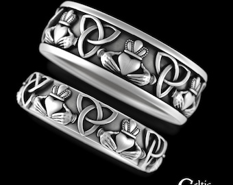 Matching Claddagh His Hers Ring Set, Sterling Celtic Irish Bride Groom Wedding Band Set, Trinity Knot Couples Scottish Jewelry, 3078 3161