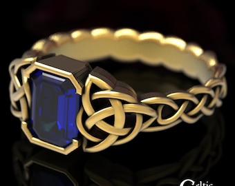 Sapphire + Gold Engagement Ring, Gold Wedding Ring, Emerald Cut Engagement Ring, Goddess Ring, Celtic Wedding Ring, Platinum Engagement,1306