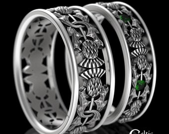 Matching Thistle Wedding Bands, Sterling Emerald Celtic Ring Set, Scottish Thistle Wedding Rings, Sterling Scottish Wedding Bands, 1769 1768