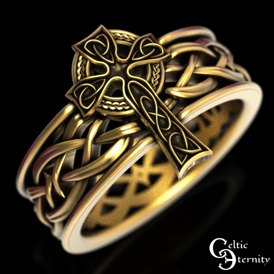 Celtic Gold Cross Ring, Mens Celtic Cross Ring, 10K Irish Cross Ring