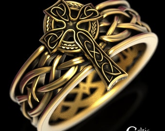 Celtic Gold Cross Ring, Mens Celtic Cross Ring, 10K Irish Cross Ring, 10K Celtic Cross Wedding Ring, Mens Gold Cross Wedding Ring, 1928