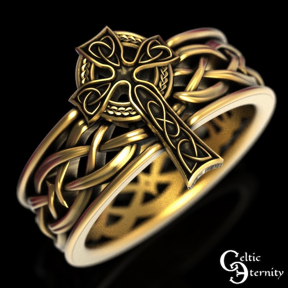 Celtic Gold Cross Ring, Mens Celtic Cross Ring, 10K Irish Cross Ring, 10K Celtic Cross Wedding Ring, Mens Gold Cross Wedding Ring, 1928