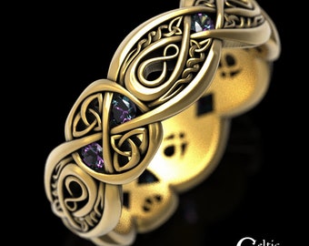Gold or Platinum Alexandite Trinity Ring, Irish Gemstone Knotwork Ring, Elegant Celtic Wedding Ring, Infinite Love Handfasting Band,  1411