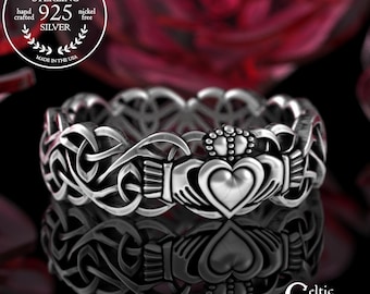 Woven Trinity Claddagh Ring, Sterling Women's Celtic Heart Wedding Band, Traditional Welsh Ring, Silver Irish Hands Crown Elopement, 3236