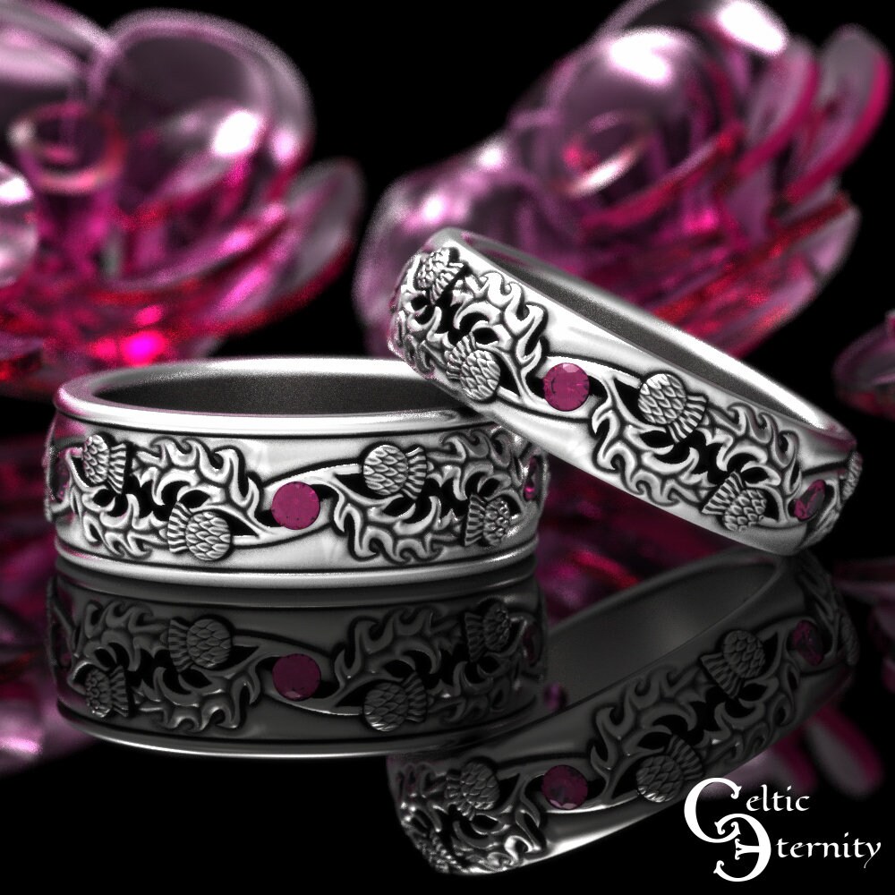 Ruby Gold Thistle Ring Set, 10K Thistle Wedding Bands, White Gold