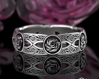 Womens Celtic Rose Wedding Ring, Sterling Scottish Heart Wedding Band, Silver Botanical Flower Ring, Blooming Rose Irish Knotwork, 3043