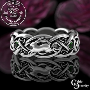 Emerald Rabbit Ring, Sterling Rabbit Ring, Silver Rabbit Wedding, Celtic Rabbit Ring, Hare Ring, Silver Rabbit Ring, Emerald Bunny Ring 4682