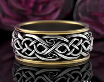 Sterling & 10K Gold Mens Woven Knotwork Wedding Band, 2tone Irish Wedding Band, Silver Gold Celtic Knotwork Ring, Wide Trinity Ring, 4035