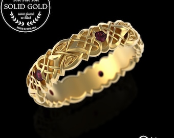 Gold & Ruby Celtic Knot Ring, Heart Knot Gold Wedding Ring, Wedding Love Celtic Band, Gold 10K 14K 18K Platinum, Unique Wedding Band, 4014