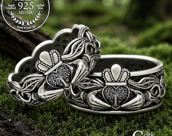 Sterling Bride Groom Chladaigh Set, Silver Irish Tree Wedding Rings, Botanical Leaf Crown Bands, Matching Druid Forest Handfasting,2039 2040