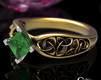 Celtic Gold Princess Cut Emerald Engagement Ring, Emerald Solitaire Ring, Celtic Knot Emerald Engagement Ring, Gold Emerald Solitaire 1427