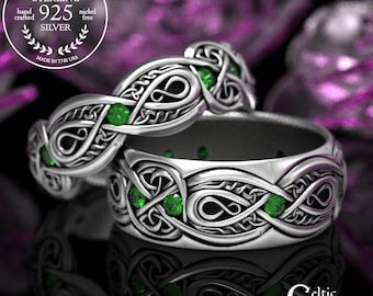Sterling Silver & Emerald Trinity Ring Set, Irish Gemstone Knotwork Rings, Elegant Celtic Wedding Rings, Handfasting Band Set, 1411 1642