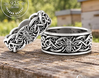 Bumblebee Matching Wedding Bands, Sterling Bee Ring Set, His Her Celtic Wedding Ring Set, Silver Matching Irish Bee Couples Ring, 3085 3087