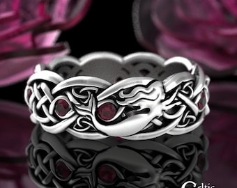 Ruby Irish Mermaid Ring, Sterling Mermaid Wedding Ring, Ruby Celtic Siren Ring, Scottish Mermaid Ring, Silver Ocean Wedding Band, Woman 3058