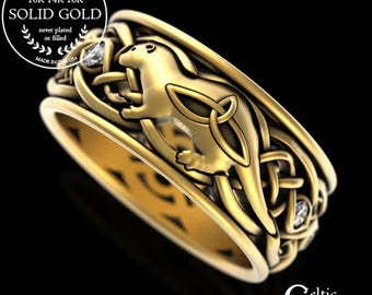 Yellow Gold Celtic Otter Ring, 10K Otter Wedding Ring, 14K Moissanite Otter Ring, White Gold Otter Jewelry, Platinum Irish Otter Ring, 3026