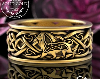Gold Men Lion Ring, 10K 14K Gold Lion Wedding Ring, Gold Celtic Lion Ring, Gold Irish King Ring, 18K Lion Ring, 10K White Gold Leo Ring 3048