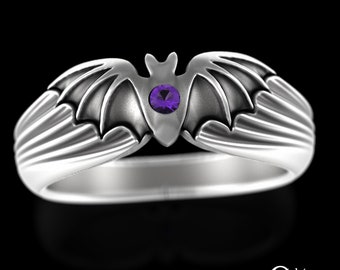 Sterling Bat Ring, Amethyst Halloween Ring, Vampire Wings Creature Ring, Mens Spooky Ring, Flying Bat Ring, Purple Goth Ring, 3141