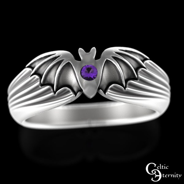 Sterling Bat Ring, Amethyst Halloween Ring, Vampire Wings Creature Ring, Mens Spooky Ring, Flying Bat Ring, Purple Goth Ring, 3141