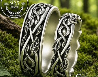 Sterling Woven Vines Wedding Ring Set, Matching Silver Botanical Nature Anniversary, Scottish Tree Branches His Hers Marriage Set, 2050 2051