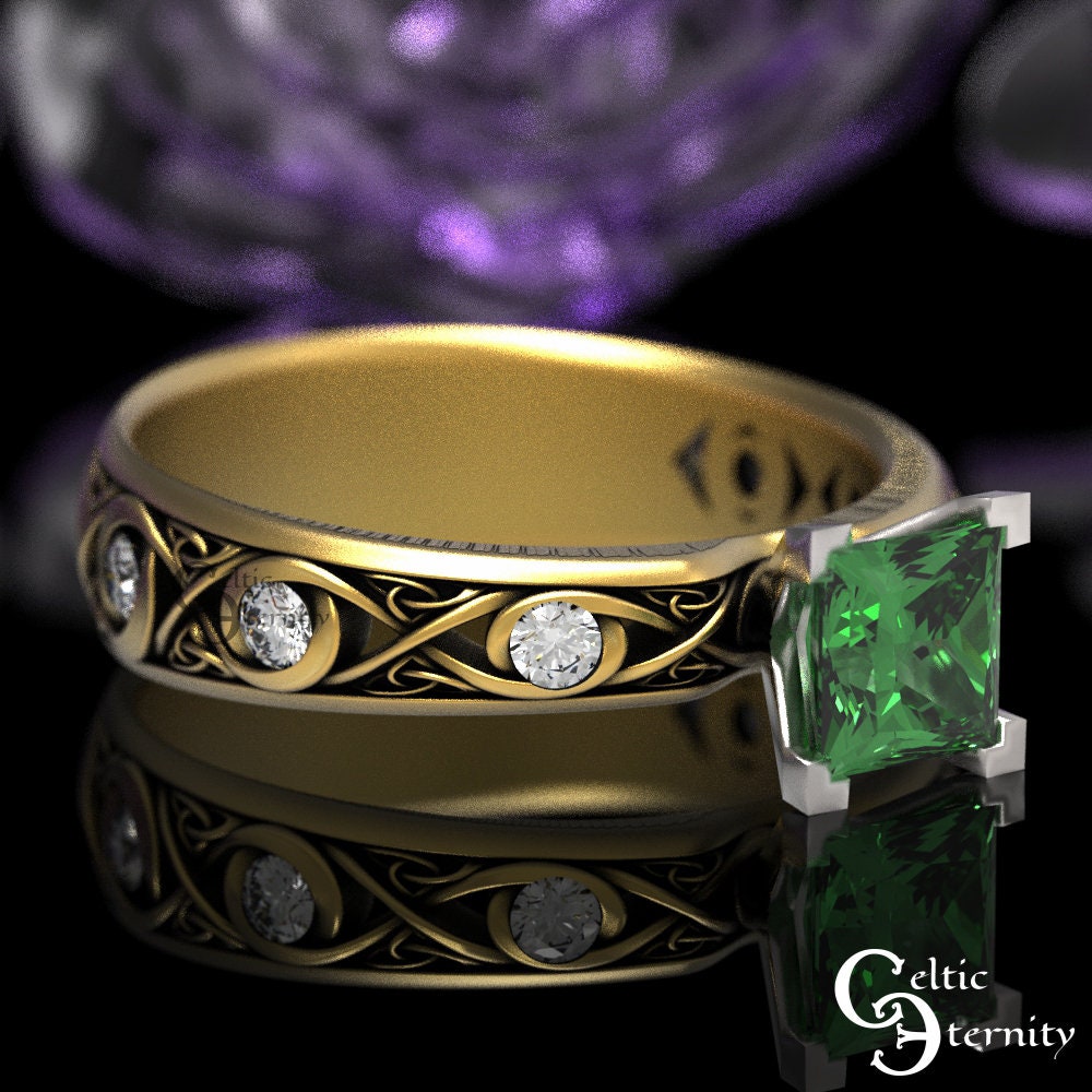 Celtic Gold Engagement Ring, Princess Cut Emerald Ring with Accent