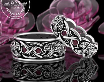 Matching Ruby Celtic Wedding Ring Set, Sterling His Hers Celtic Wedding Bands, Viking Bear Rings, Scottish Silver Ruby Ring Set, 3095 1682