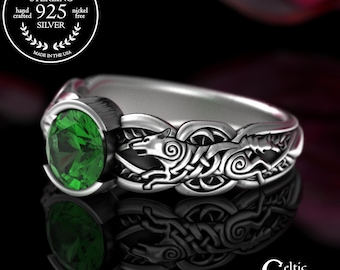 Emerald Odin's Wolves for Viking Bride, Sterling Round Norse Wolf Engagement Ring, Low Set Proposal Ring, Ruby Marriage Wedding Ring, 3178