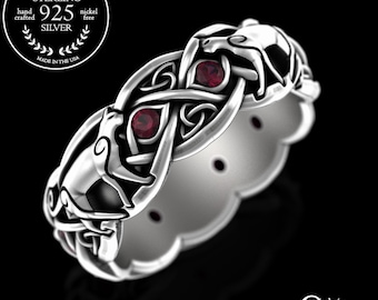 Silver Ruby Cat Ring, Sterling Ruby Irish Cat, Swirl Cat Wedding Band, Cat Lover Ring, Kitty Ring, Feline Ring, Ruby Kitten Ring, 3097