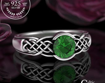 Emerald Bezel Set Irish Engagement Ring, Sterling Alexandrite Celtic Knotwork Statement Ring, Silver Round Sapphire Low Profile Stone, 4062