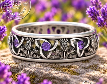 Men's Sterling & Amethyst Celtic Thistle Wedding Band, Handmade Silver Scottish Groom's Ring, 1812