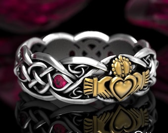 2-Tone Celtic Claddagh Ring with Ruby, Silver & 10K Gold Claddagh Wedding Ring, Ruby Trinity Knot Silver Heart Ring, Irish Love Ring, 1685