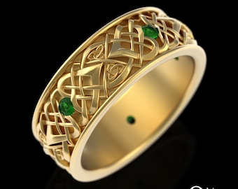 Emerald 10K Mens Celtic Wedding Ring, 14K Celtic Mens Wedding Band, 18K Celtic Mens Ring, Gold Celtic Heart Ring, Gold Grooms Ring, 4015